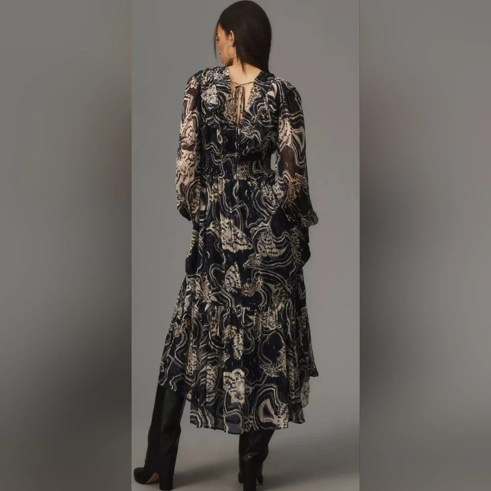 NWOT S Anthropologie Printer Johnson Long-SleeveV-Neck Textured Midi Dress - Picture 3 of 9